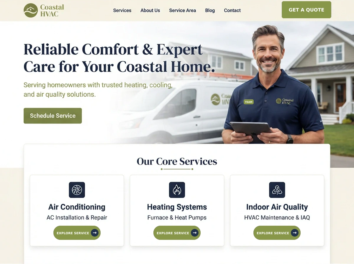Coastal HVAC website after the redesign
