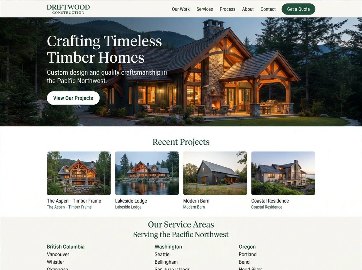 Driftwood Construction website after the redesign